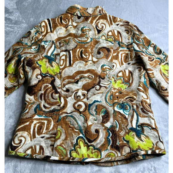 Chicos Blazer Jacket Womens Large Woven Cotton Brown Blue Abstract Print Button - Picture 3 of 11